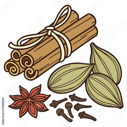 Illustration of cinnamon sticks, cardamom pods, star anise, and cloves spices concept in cartoon style