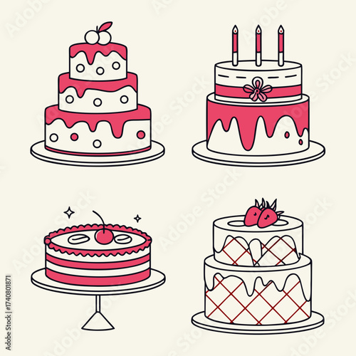 Illustration of cakes vector illustration of cakes with different decorations in doodle style sweet dessert for birthday