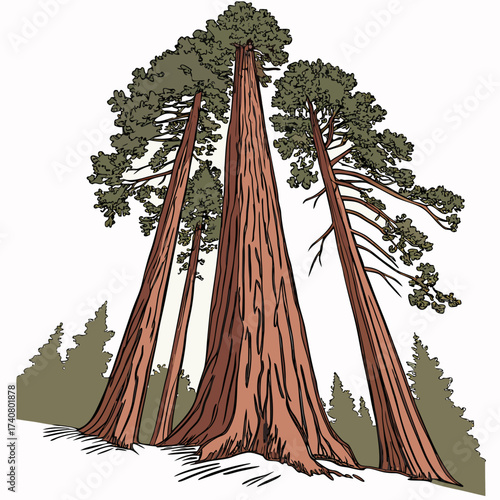 Illustration of giant sequoia trees, showcasing their massive size and grandeur, found in californias sierra nevada mountains