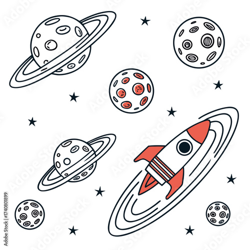 Illustration of planets and rocket in space vector illustration of space with planets, stars and rocket in doodle style