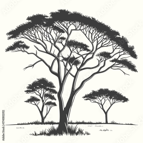 Vector art of a captivating monochrome illustration showcases a majestic acacia tree silhouetted against a light backdrop, capturing the essence of the african savanna landscape