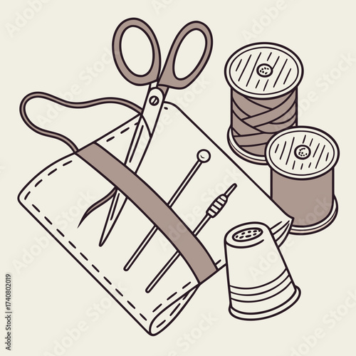 Vector art of a charming handdrawn illustration showcases a sewing kit, complete with scissors, needles, thread spools, and a thimble, all neatly arranged on a light beige background