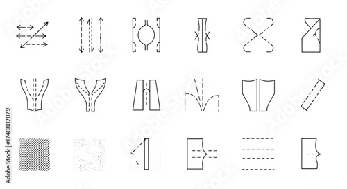 Sewing Pattern Symbols Vector Line Icons Set, Garment Construction Dart Pleat Seam Guide