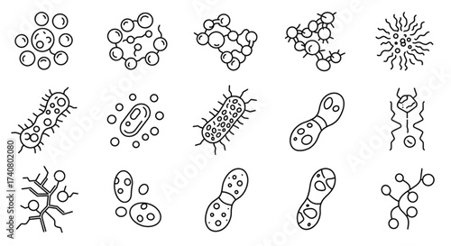 Microbiology Bacteria Virus Icons Set, Pathogen Microbe Cells Vector Line Art