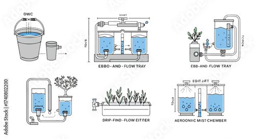 Hydroponic Systems Diagram Vector Line Art, DWC Ebb and Flow Drip Aeroponic Setup