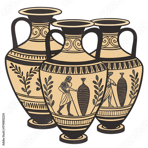 Vector art of a set of three ancient greek amphorae, each adorned with unique designs and figures, representing the rich artistic tradition of ancient greece