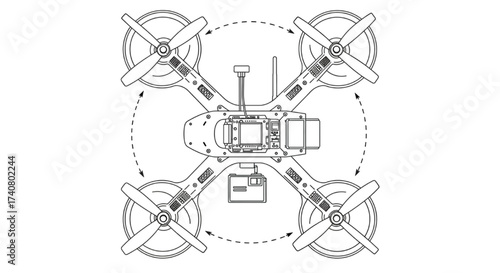 Quadcopter Drone Top View Diagram, FPV UAV Propeller Rotation Vector Line Art