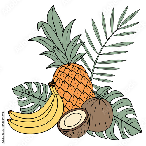 Vector art of a vibrant assortment of tropical fruits, including pineapple, bananas, coconut, and lush green leaves, creating a refreshing and exotic composition
