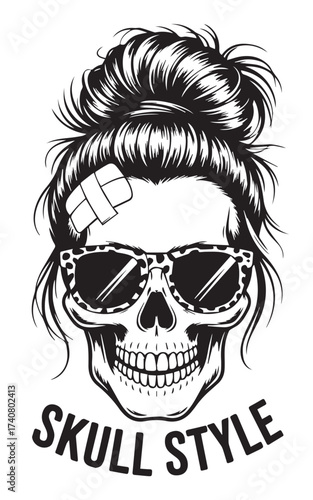 Skull with messy bun sunglasses and bandage hair bandana
