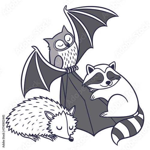 Vector art of cute sleeping forest animals owl, raccoon, and hedgehog are napping together in a peaceful scene, vector illustration