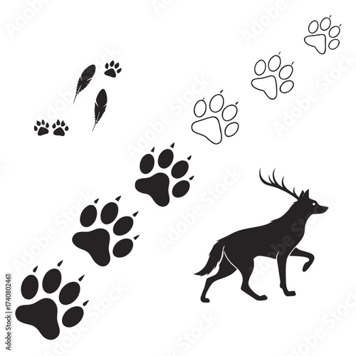 Vector art of elegant deer and wolf tracks illustration, capturing the essence of wildlife, nature, and the untamed spirit of the forest, with paw prints