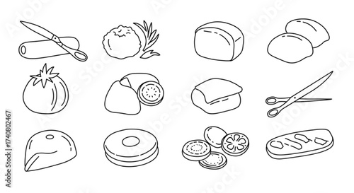 Food Ingredients Vector Line Icons Set, Bread Cheese Tomato Fruit Knife Kitchen Outline