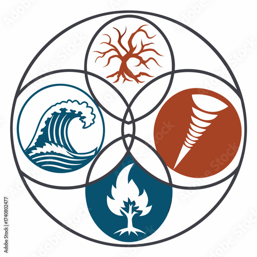 Vector art of four elements of nature represented in a circle earth, water, air and fire the illustration is and shows the balance of nature
