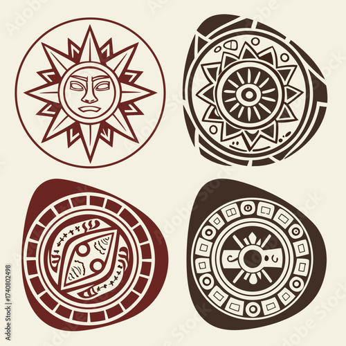 Vector art of four tribal sun illustrations in different styles a set of tribal sun illustrations for design elements and backgrounds