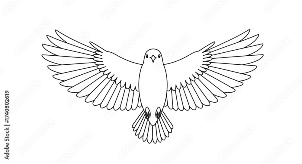 Naklejka premium Flying Dove with Spread Wings, Front View Bird Vector Line Art Outline Icon