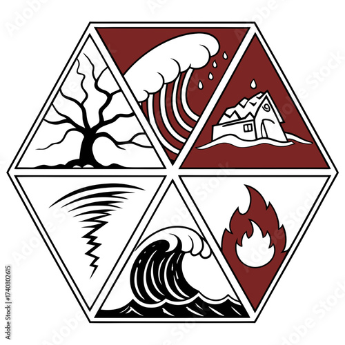 Vector art of six natural disasters represented in a hexagon drought, flood, blizzard, hurricane, tsunami and wildfire the illustration is