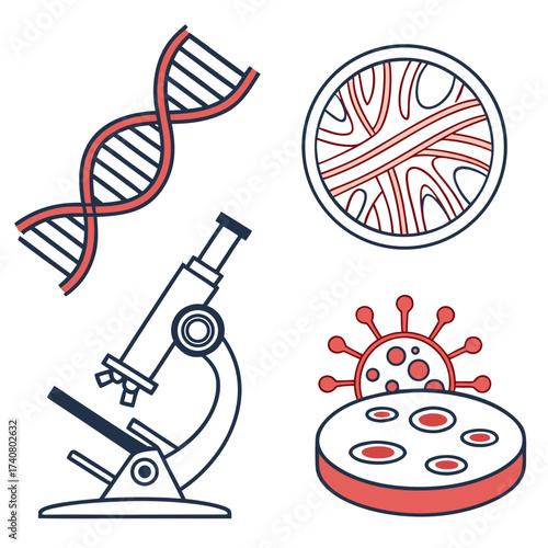 Vector art of scientific research tools including dna, microscope, petri dish, and virus