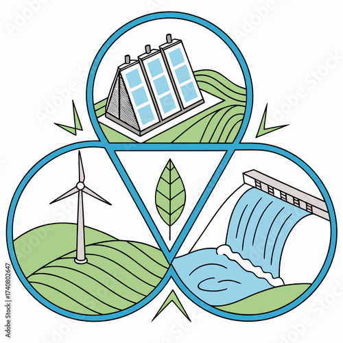 Vector art of renewable energy sources including solar panels, wind turbine, and hydroelectric dam, symbolizing sustainable power generation on