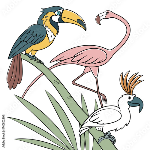 Vector art of whimsical illustration featuring a toucan, flamingo, and cockatoo perched on a tropical plant, creating a vibrant and playful scene