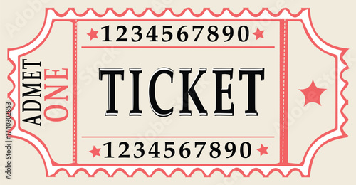 Vintage cinema or event ticket vector illustration reading TICKET and ADMIT ONE