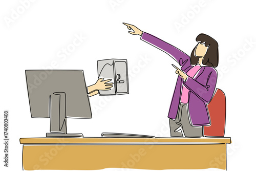 Single one line drawing hands out of the monitor screen while holding a safe deposit box. The safest place to store all the successes. Things from Screen. Continuous line design graphic illustration