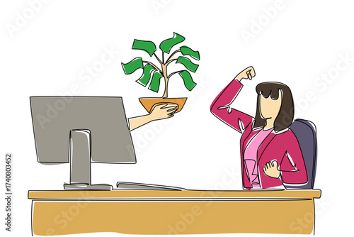 Single one line drawing hands out of the monitor screen while holding a money tree with leaves made of banknotes. Successful investment. Things from Screen. Continuous line design graphic illustration