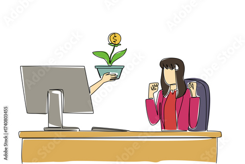 Continuous one line drawing hands out of monitor screen while holds money tree with dollar coin fruit. Symbolism of growing investment. Things from Screen. Single line draw design vector illustration