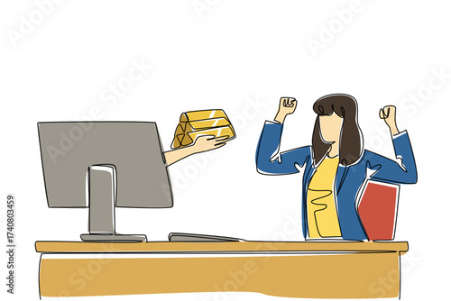 Single continuous line drawing hands out of the monitor screen while holding a gold stack. A token of gratitude for devotion. Very profitable. Things from Screen. One line design vector illustration