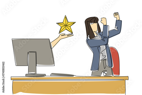 Single continuous line drawing hands out of the monitor screen while holding a star shape. Public satisfaction is the joy of the expert. Rating. Things from Screen. One line design vector illustration