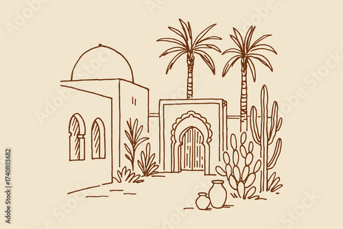  Moroccan courtyard with palm trees ink sketch line drawing vector