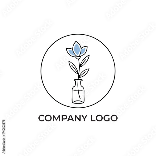 Minimalist Floral Line Art Logo with Simple Flowers and Leaf in Circle

