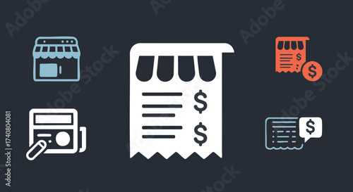Set of contemporary flat icons depicting various aspects of e-commerce, online business, financial management, retail operations, and digital payment processes
