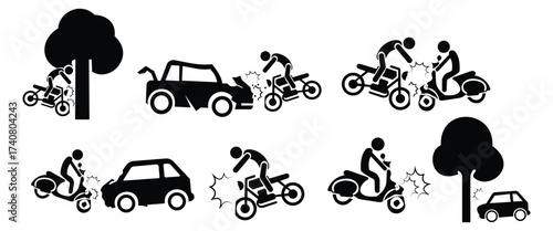 "Car Accident and Crash Warning Icons Set – Road Signs, Vehicle Collisions, Breakdowns and Maintenance Vector Illustration"