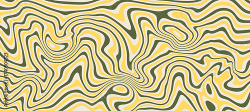 Abstract fluid distortion pattern in earthy tones. A psychedelic liquid background with olive green, yellow, and black swirls, resembling camouflage or marble.