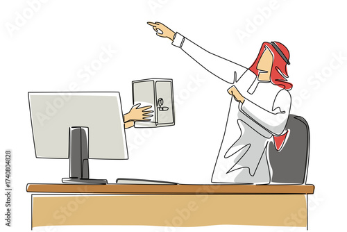Single continuous line drawing hands out of the monitor screen while holding a safe deposit box. Happiness to secure data. Safe. Anti theft. Things from Screen. One line design vector illustration