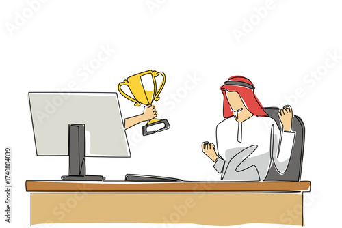 Single continuous line drawing hands out of the monitor screen while holding trophy. Inauguration as the most successful businessman in Arabia. Things from Screen. One line design vector illustration