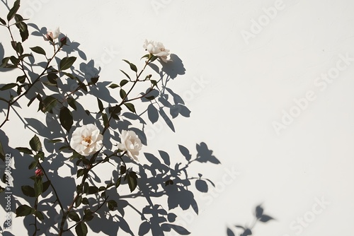 Gray shadow of the wild roses leaves and flowers on a white wall.