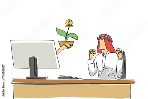 Single one line drawing hands out of the monitor screen while holding money tree with a coin dollar. Capital that has seen the results. Things from Screen. Continuous line design graphic illustration