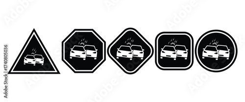 "Car Accident and Crash Warning Icons Set – Road Signs, Vehicle Collisions, Breakdowns and Maintenance Vector Illustration"