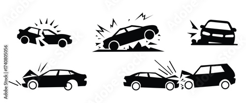 "Car Accident and Crash Warning Icons Set – Road Signs, Vehicle Collisions, Breakdowns and Maintenance Vector Illustration"