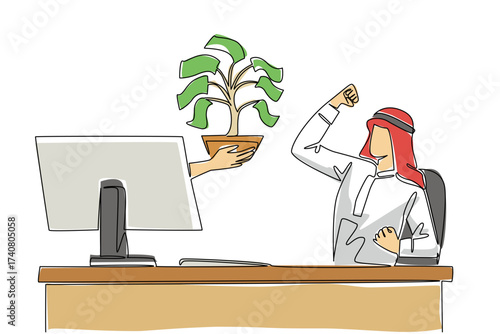 Single one line drawing hands out of the monitor screen while holding money tree with leaves made of banknotes. Symbolism of investment. Things from Screen. Continuous line design graphic illustration