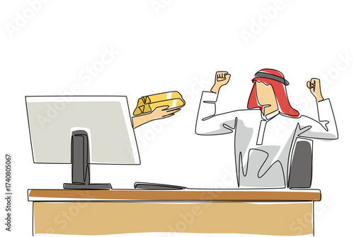 Continuous one line drawing hands out of monitor screen while holding a gold stack. Gold mining entrepreneurs who always make a profit. Things from Screen. Single line draw design vector illustration