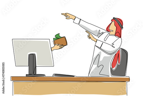 Continuous one line drawing hands out of monitor screen while holding a wallet with some money coming out. Investing to develop business.Things from Screen. Single line draw design vector illustration