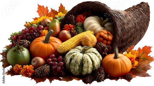 Traditional cornucopia filled with pumpkins, fruits, and vegetables, harvest abundance symbol, isolated on Transparent background