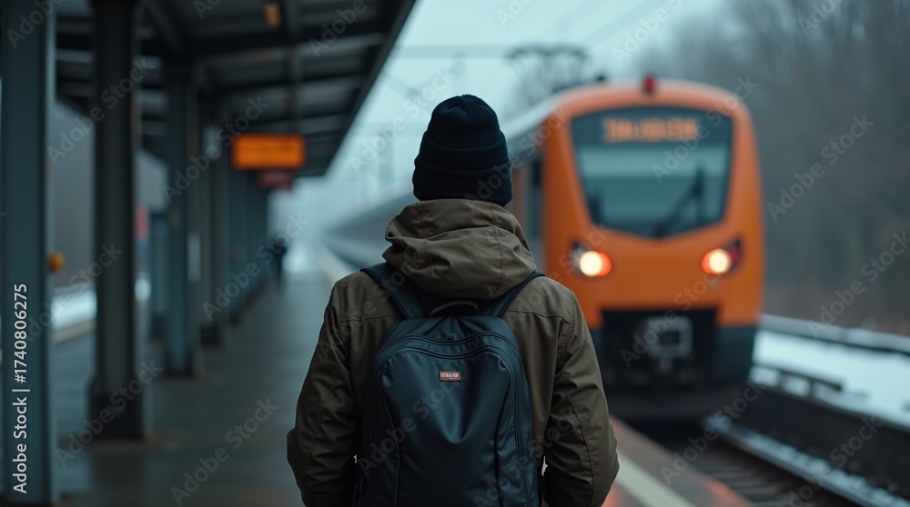 Fototapeta premium A person with a backpack waits as an orange train arrives at a misty station.