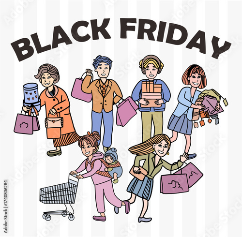 black friday sale shopping vector cute people flat design style crowd and consumer illustration for online retail promotion