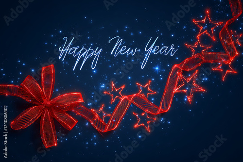 Celebrate the new year with this festive bow and star garland, perfect for holiday greetings and seasonal promotions, radiating joy and sparkle