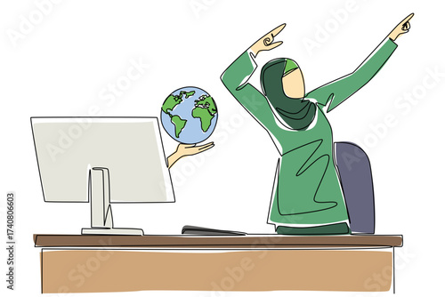 Continuous one line drawing hands out of the monitor screen while holding a globe. Get a bigger business network. Celebrating success. Things from Screen. Single line draw design vector illustration