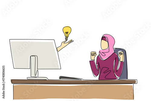 Single one line drawing hands out of the monitor screen while holding a bulb lamp. Inspiration comes suddenly. Exhilarating. Cheering. Things from Screen. Continuous line design graphic illustration