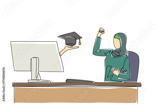 Single continuous line drawing hands out of the monitor screen while holding a graduation cap. Online lectures and graduation. The smart worker. Things from Screen. One line design vector illustration